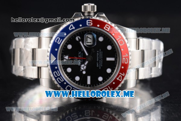Rolex GMT-Master II Clone Rolex 3186 Automatic Stainless Steel Case/Bracelet with Black Dial and White Markers Red/Blue Bezel (BP) - Click Image to Close